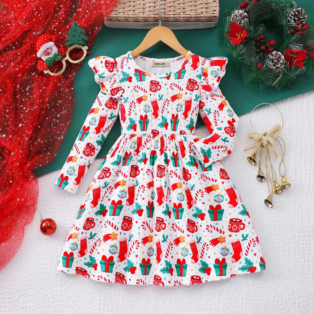 Girls White Christmas-themed Printed Fit & Flare Dress Casual Dresses White 3-4 Y