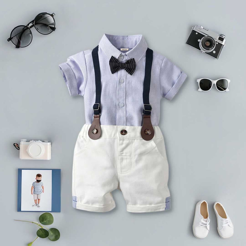 Boys Pin Stripe Shirt With Suspender Shorts & Neck Bow Set 3 pc. Sets Blue 1-2 Y 