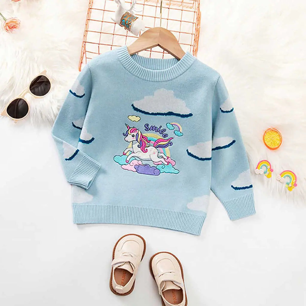 Girls Light Blue Sweater With Self-Design Unicorn Patterns Sweaters & Cardigans Light Blue 3-4 Y