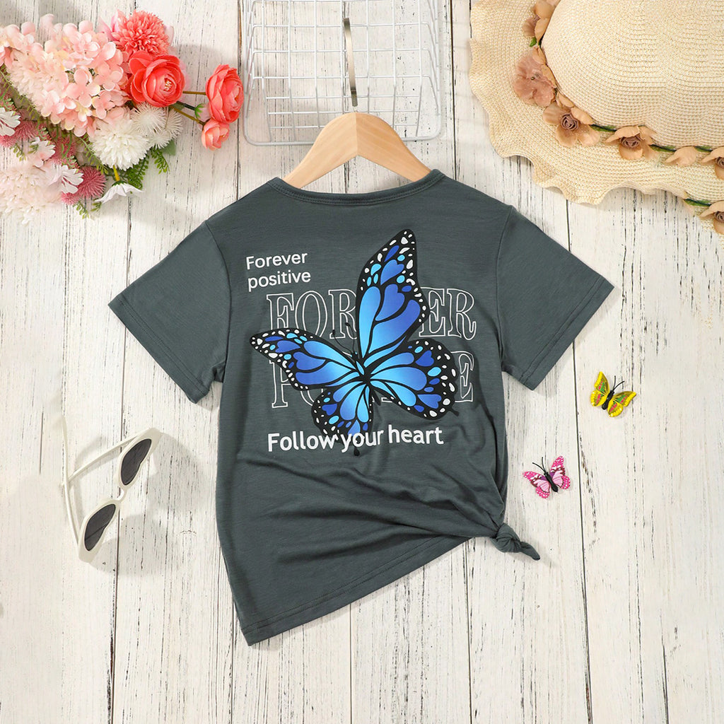 Girls Grey Butterfly Graphic Short Sleeve T-Shirt Tshirts Grey 7-8 Y