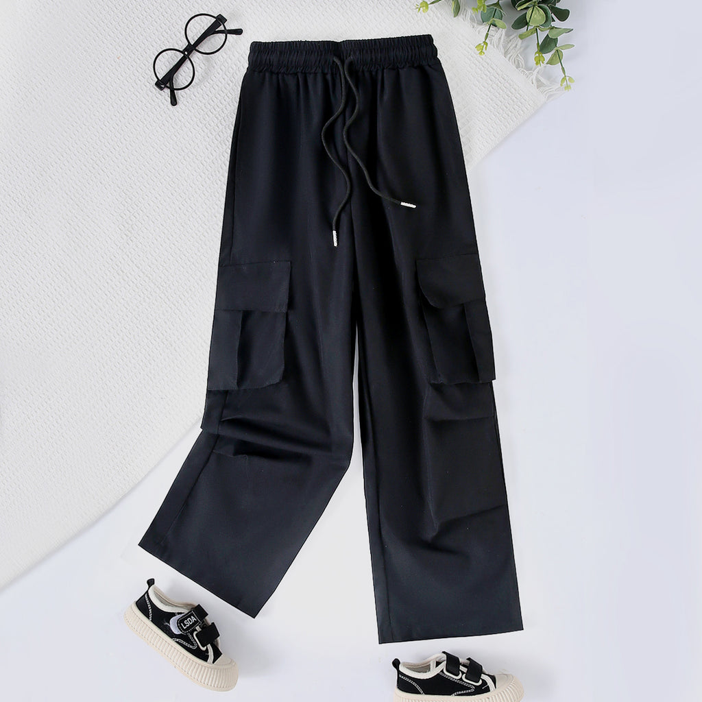 Girls Black Elasticated Wait-band Straight Fit Cargo Trousers Cargo Pants