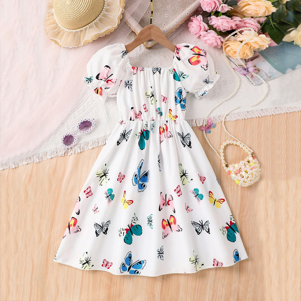 Girls Multicolored Butterfly Printed Scoop Neck Puff Sleeve Fit & Flare Dress Casual Dresses Multicolor 3-4 Y