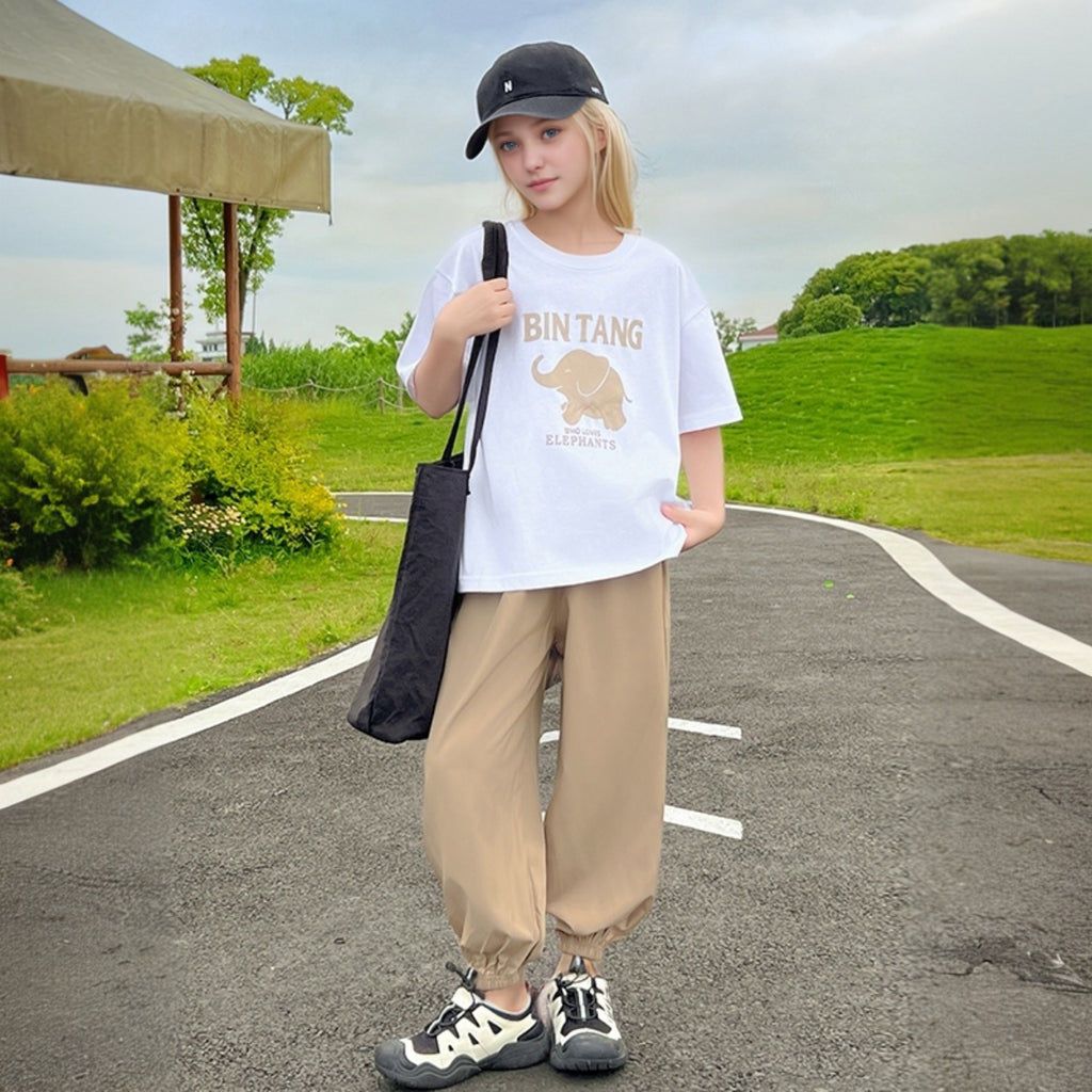 Girls Khaki Elephant Printed Summer T-Shirt With Jogger Set 2 pc. Sets Khaki 5-6 Y