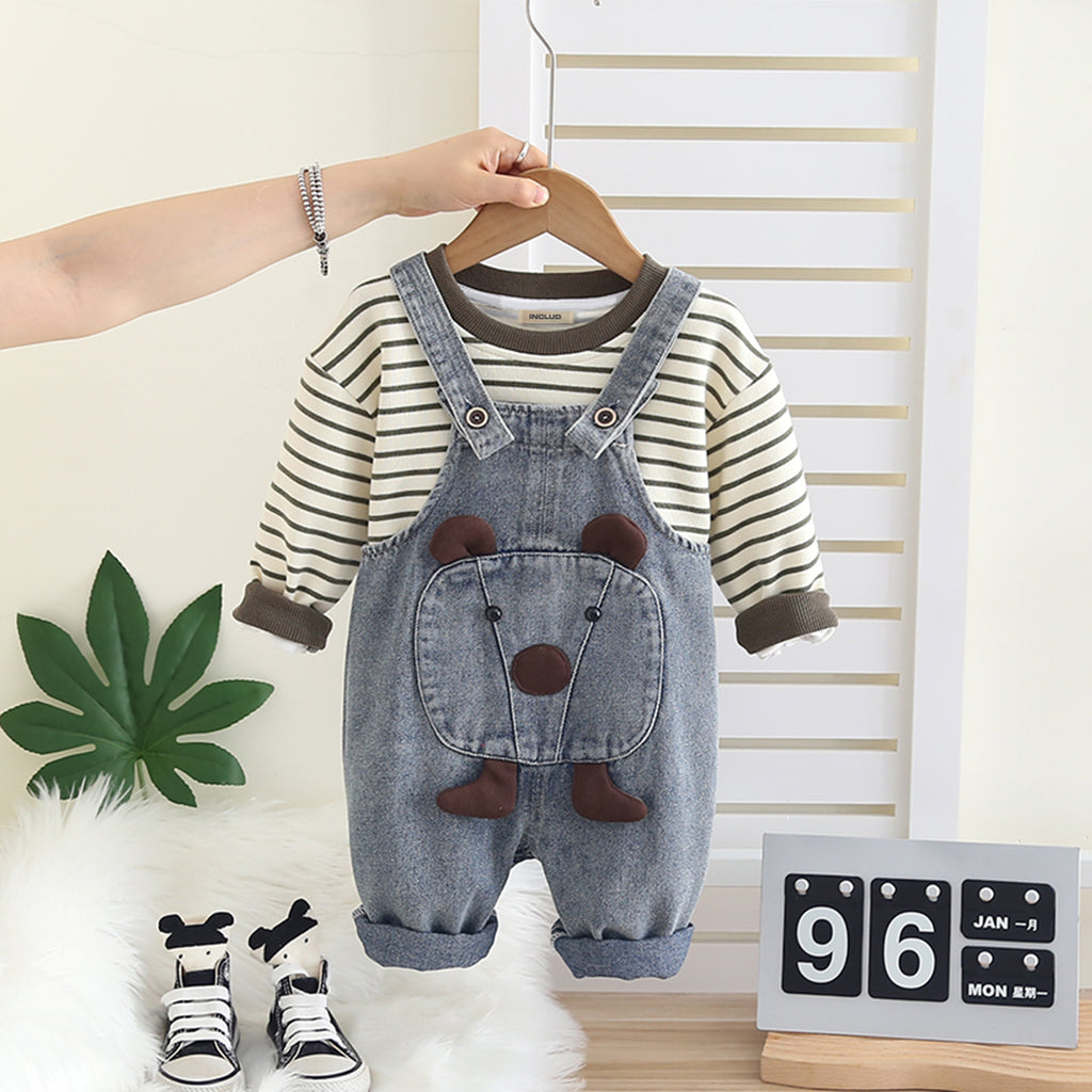 Boys Grey Stripes T-Shirt With Denim Dungaree Set 2 pc. Sets Grey 1-2 Y