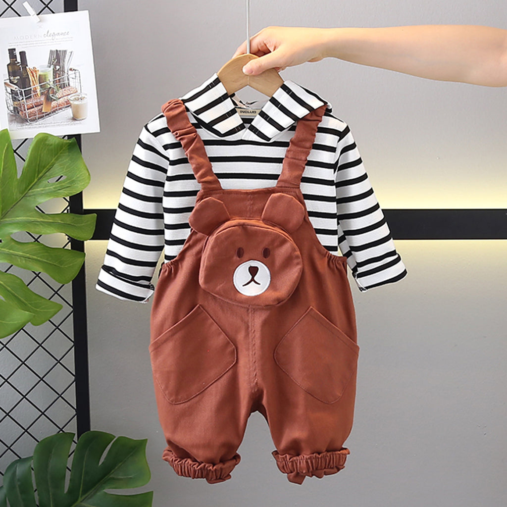 Boys Red Bear Face Pocketed Dungaree With Striped Hooded T-Shirt Set 2 pc. Sets Red 1-2 Y