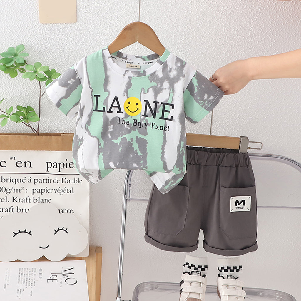 Boys Smiley Printed T-Shirt With dark Grey Shorts Set 2 pc. Sets Dark Grey 1-2 Y