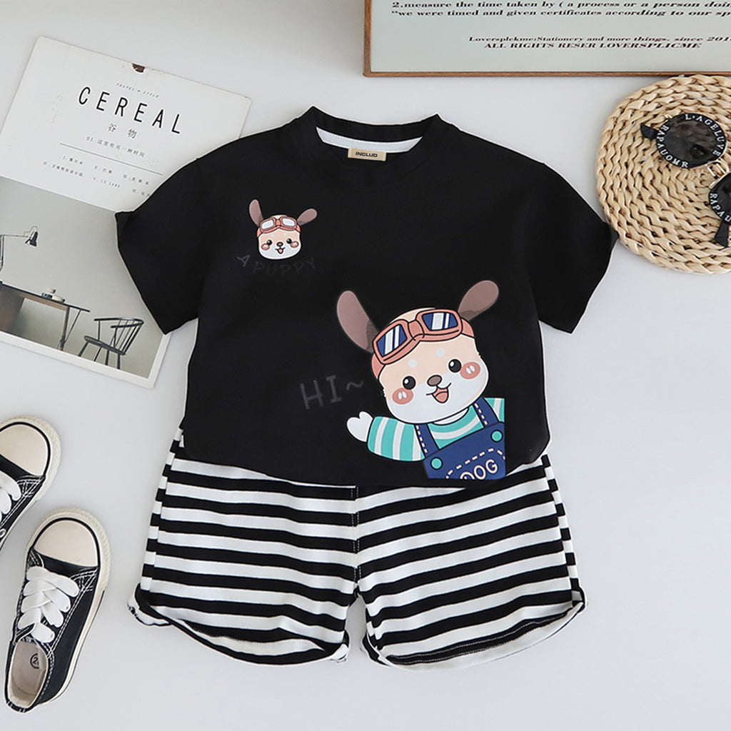 Boys Black Cartoon Graphic T-Shirt With Striped Shorts Set 2 pc. Sets Black 1-2 Y