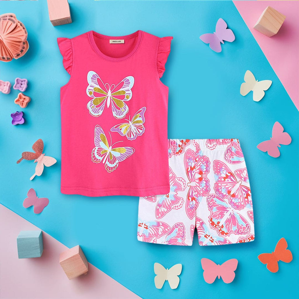 Girls Butterfly Printed Top With Shorts 2 pc. Sets Pink 1-2 Y 