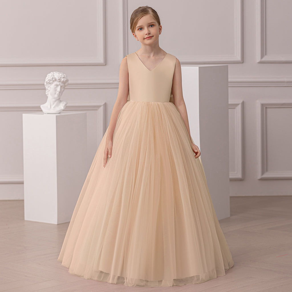 Girls Champagne Sleeveless Duchess Satin & Tulle Party Gown with Statement Back Bow Party Dresses Beige 7-8 Y