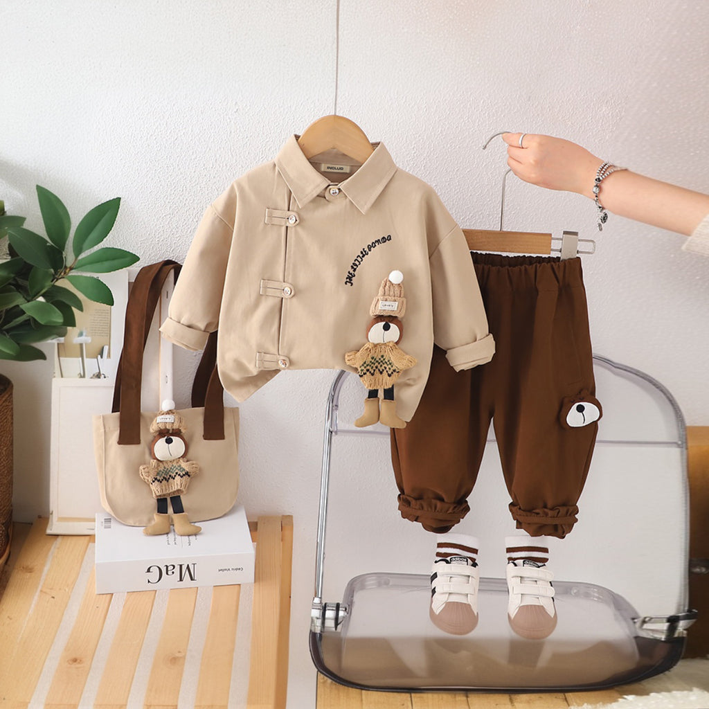 Boys Beige Typographic Printed Shirt With Bag and Pants Set Sets Beige 1-2 Y