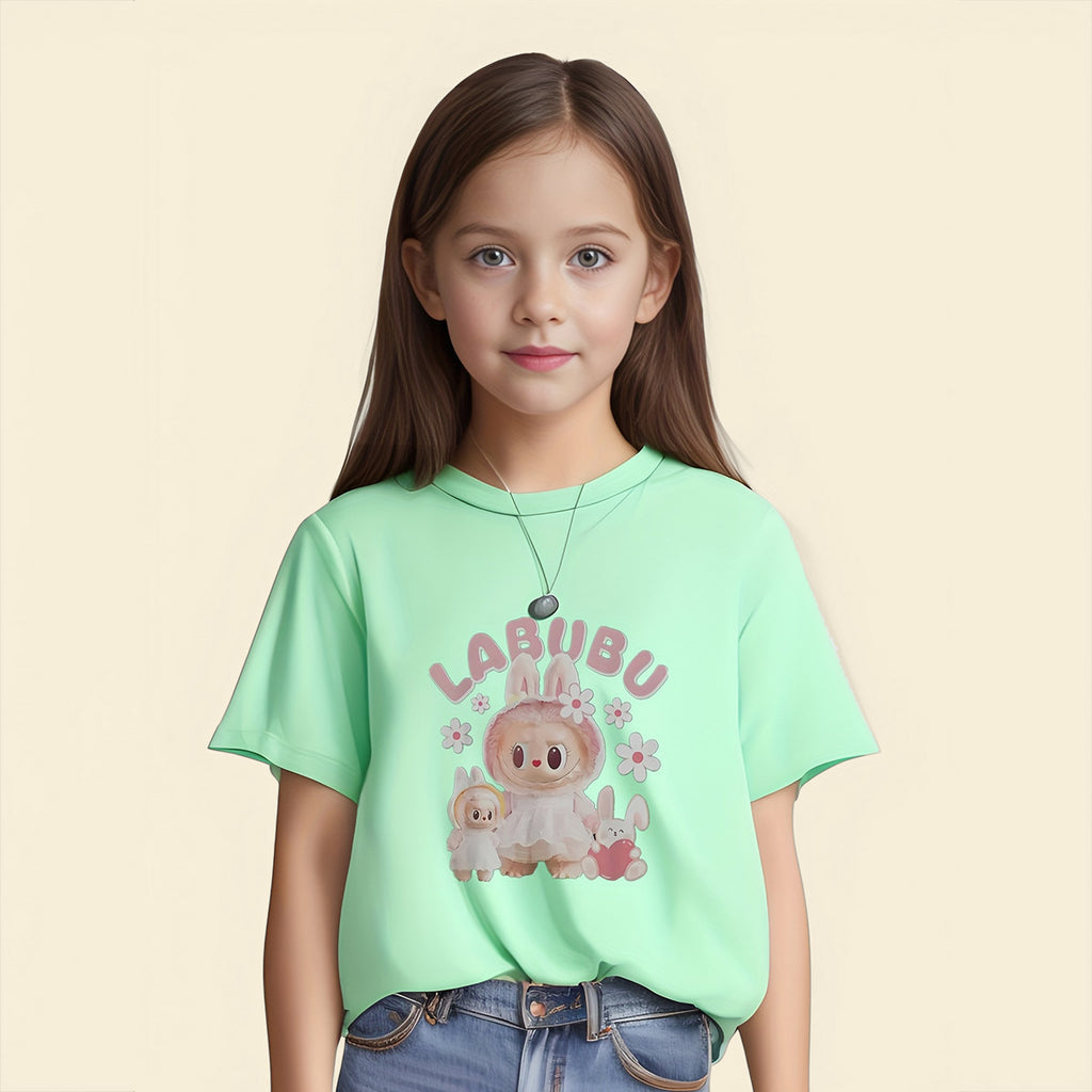 Girls Sea Green Doll Printed Short Sleeves Casual T-shirt Tshirts Sea Green 5-6 Y