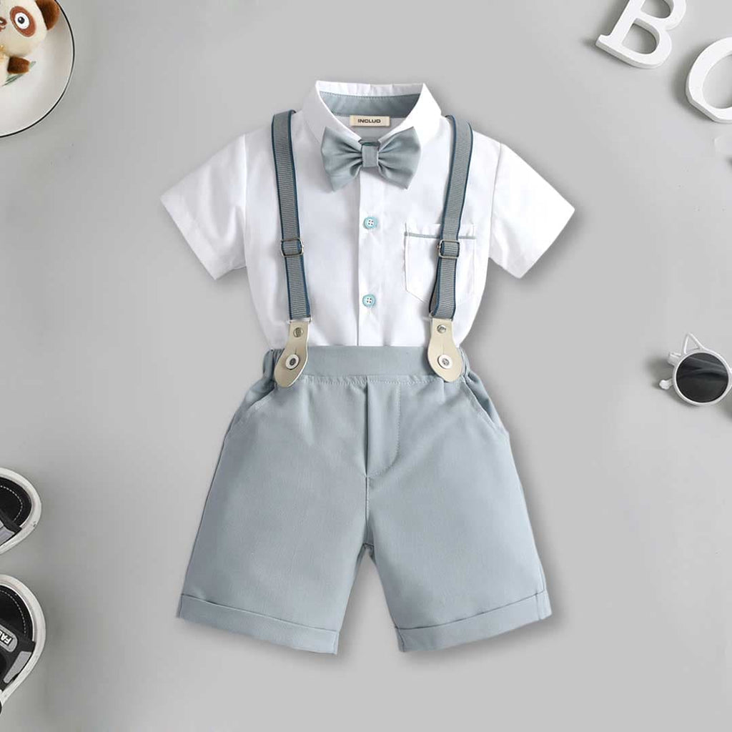 Boys Short Sleeve Shirt With Suspender Short Set 2 pc. Sets White 1-2 Y 