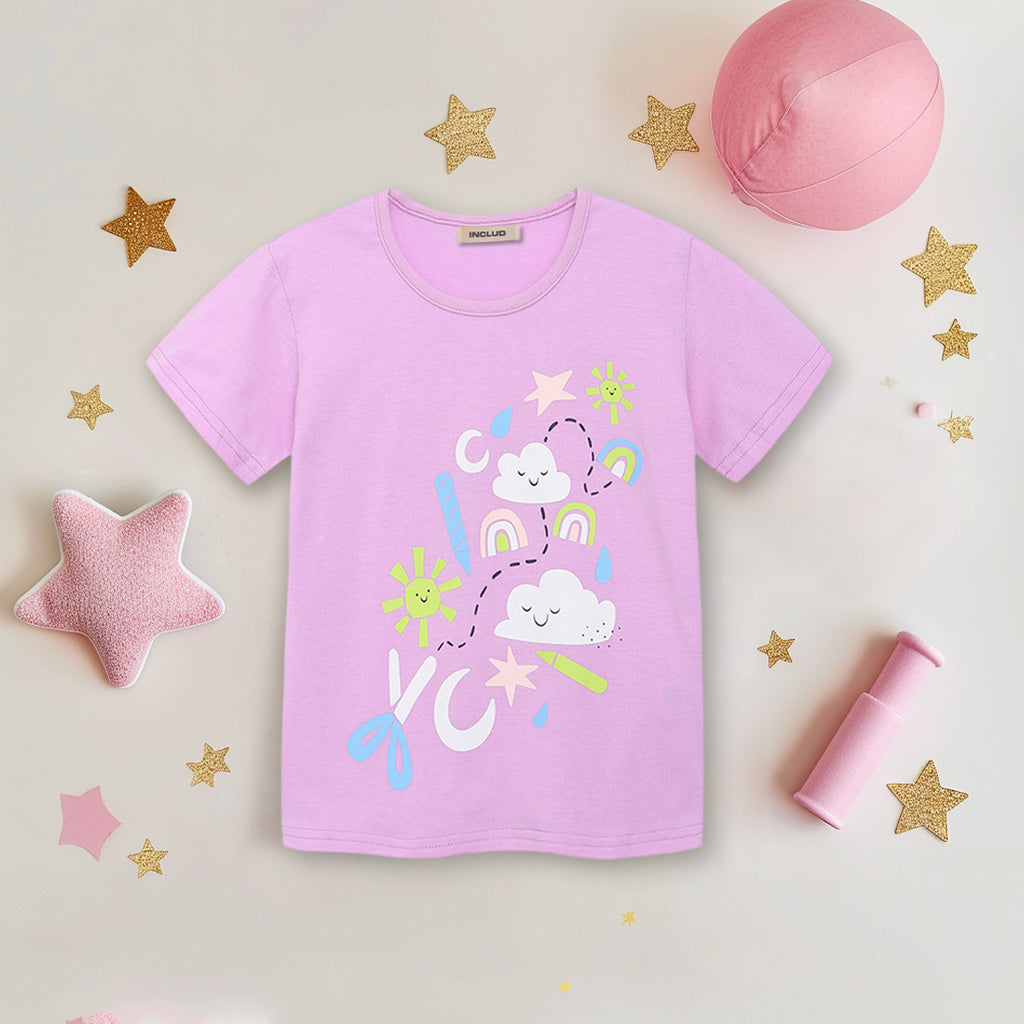 Girls Printed Short Sleeves Regular T-Shirt Tshirts Purple 1-2 Y 