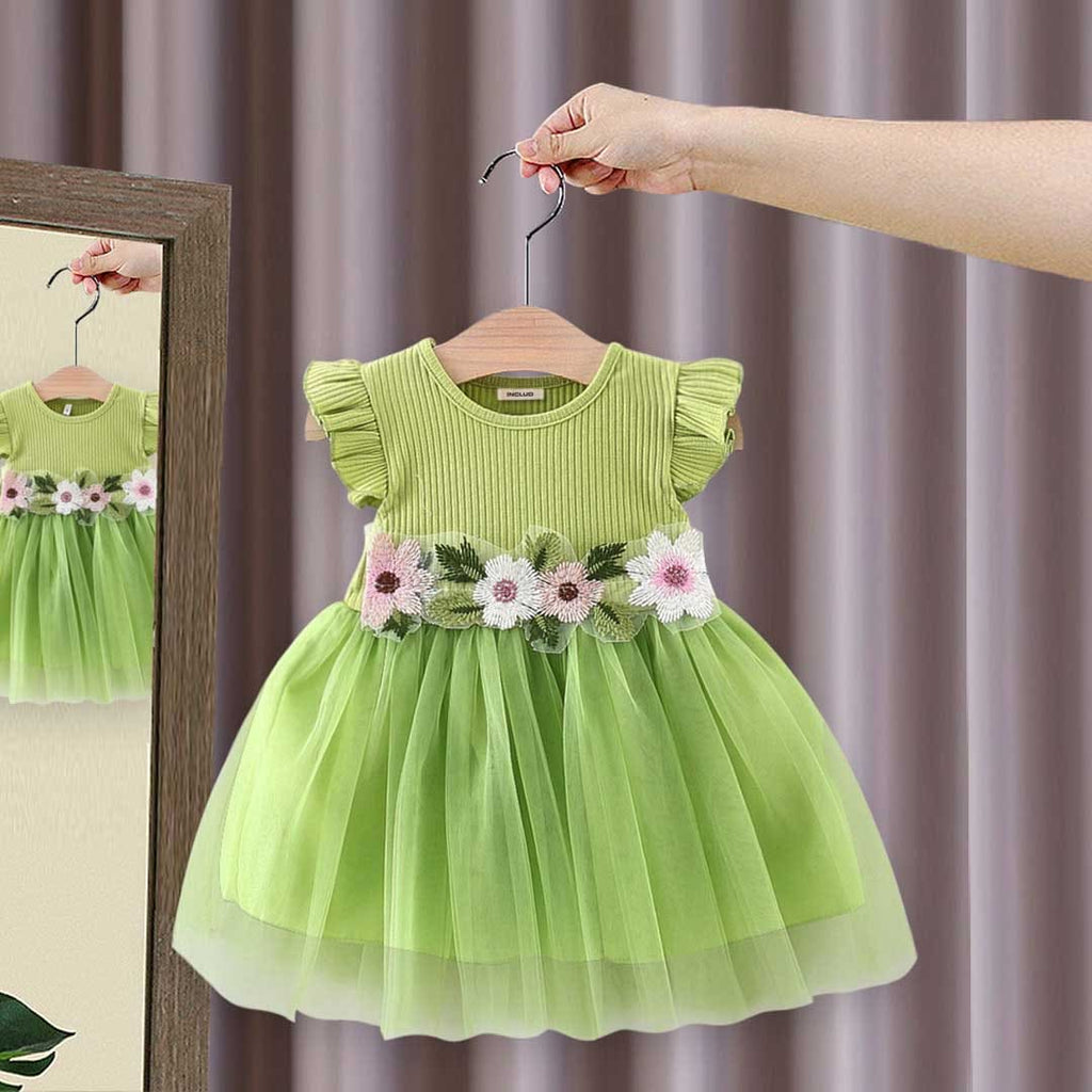 Girls Flower Patch Belt Tulle Overlay Dress Casual Dresses Green 1-2 Y 