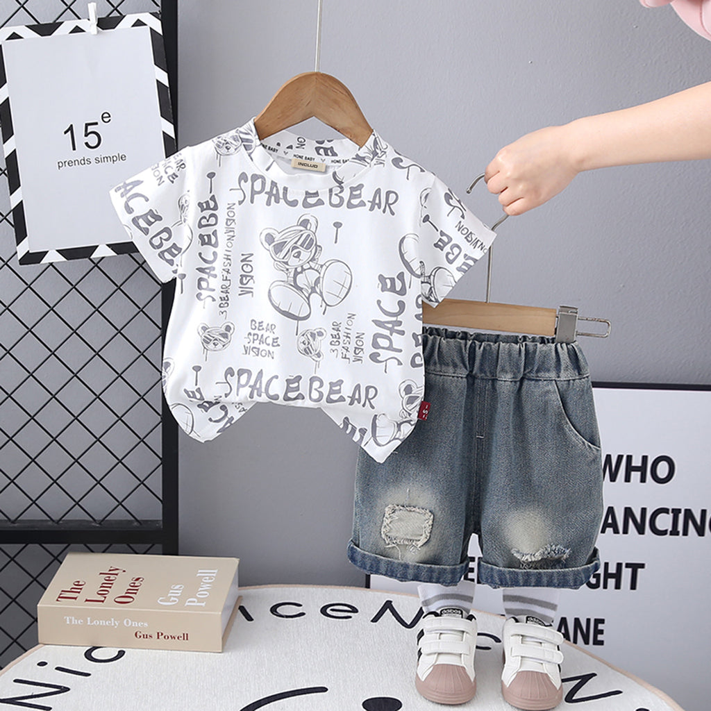 Boys White Bear Graphic Short Sleeve T-Shirt With Denim Shorts Set 2 pc. Sets White 1-2 Y