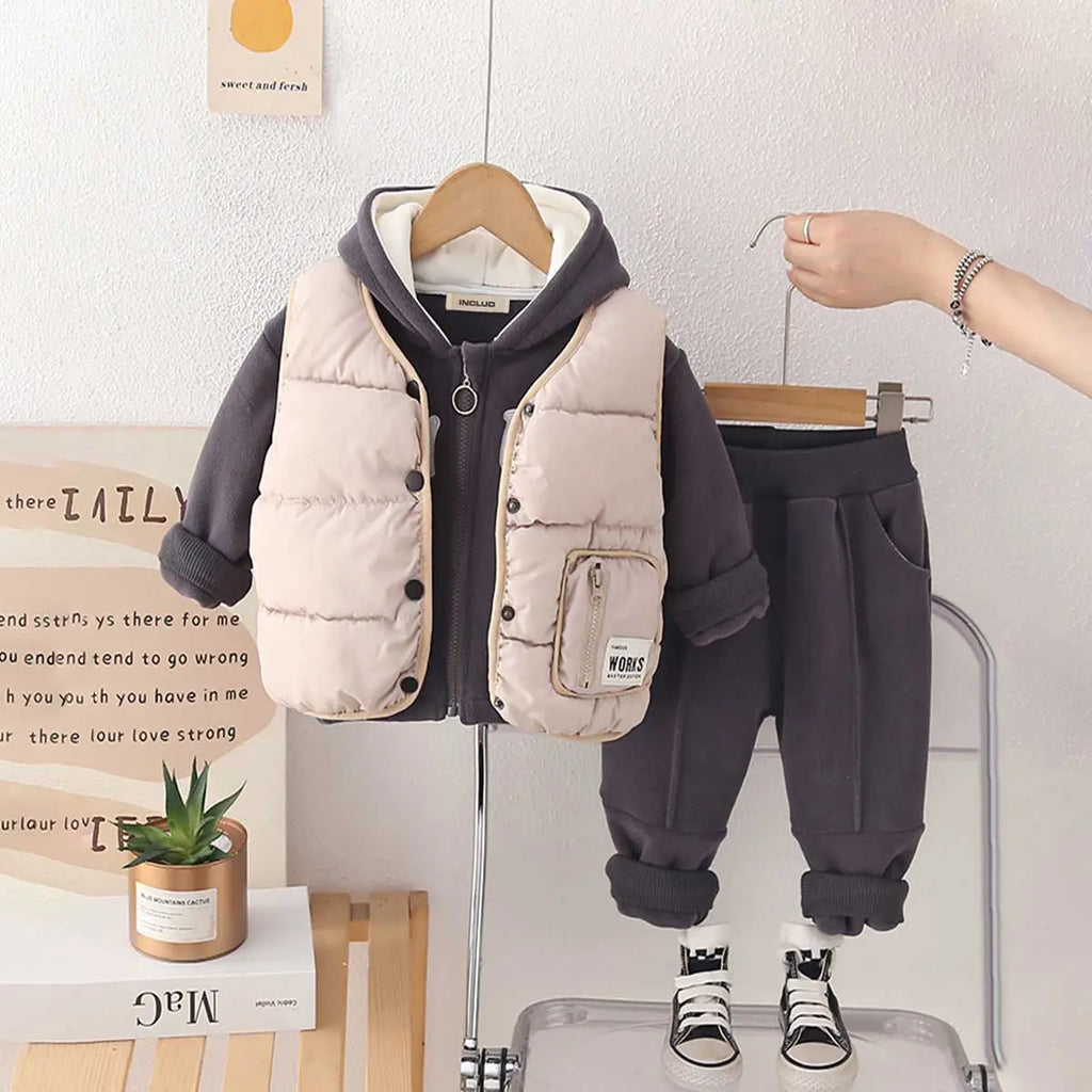 Boys Grey Fleece Hooded Zipper Jacket With Puffer Vest & Jogger Sets Sets Grey 1-2 Y