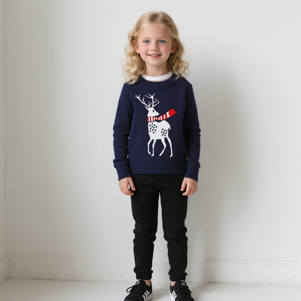 Girls Navy Blue Reindeer Self-Designed Winter Pullover Sweater Sweaters & Cardigans Navy Blue 1-2 Y