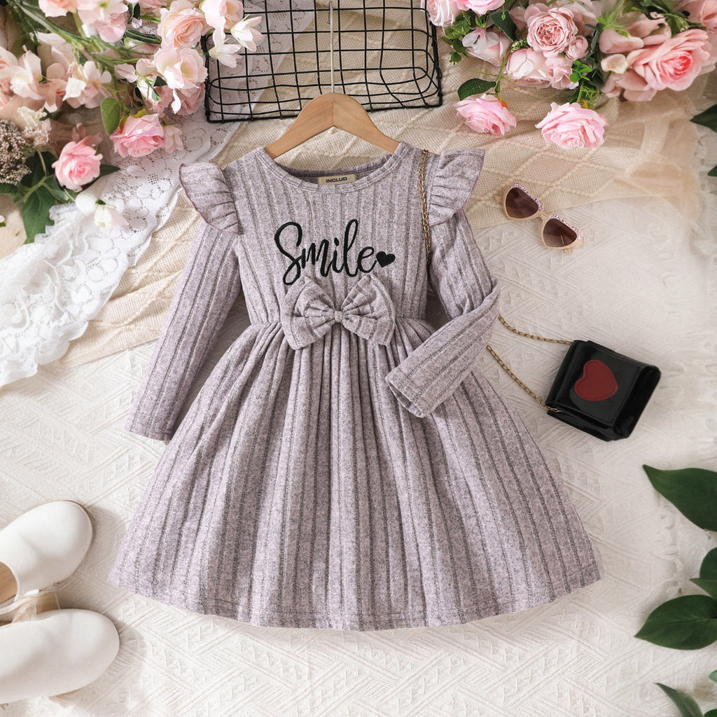 Girls Grey Smile Printed Knitted Full Sleeves Casual Dress Casual Dresses Grey 3-4 Y