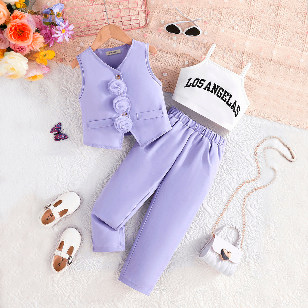 Girls Purple Floral Applique Waistcoat With Camisole Top And Pants Set 3 pc. Sets Purple 2-3 Y