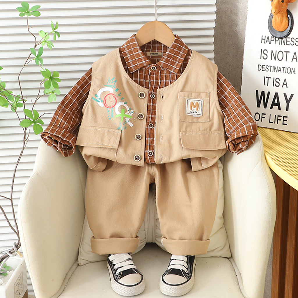Boys Khaki Checked Shirt With Reporter Jacket And Pants Set Sets Khaki 1-2 Y