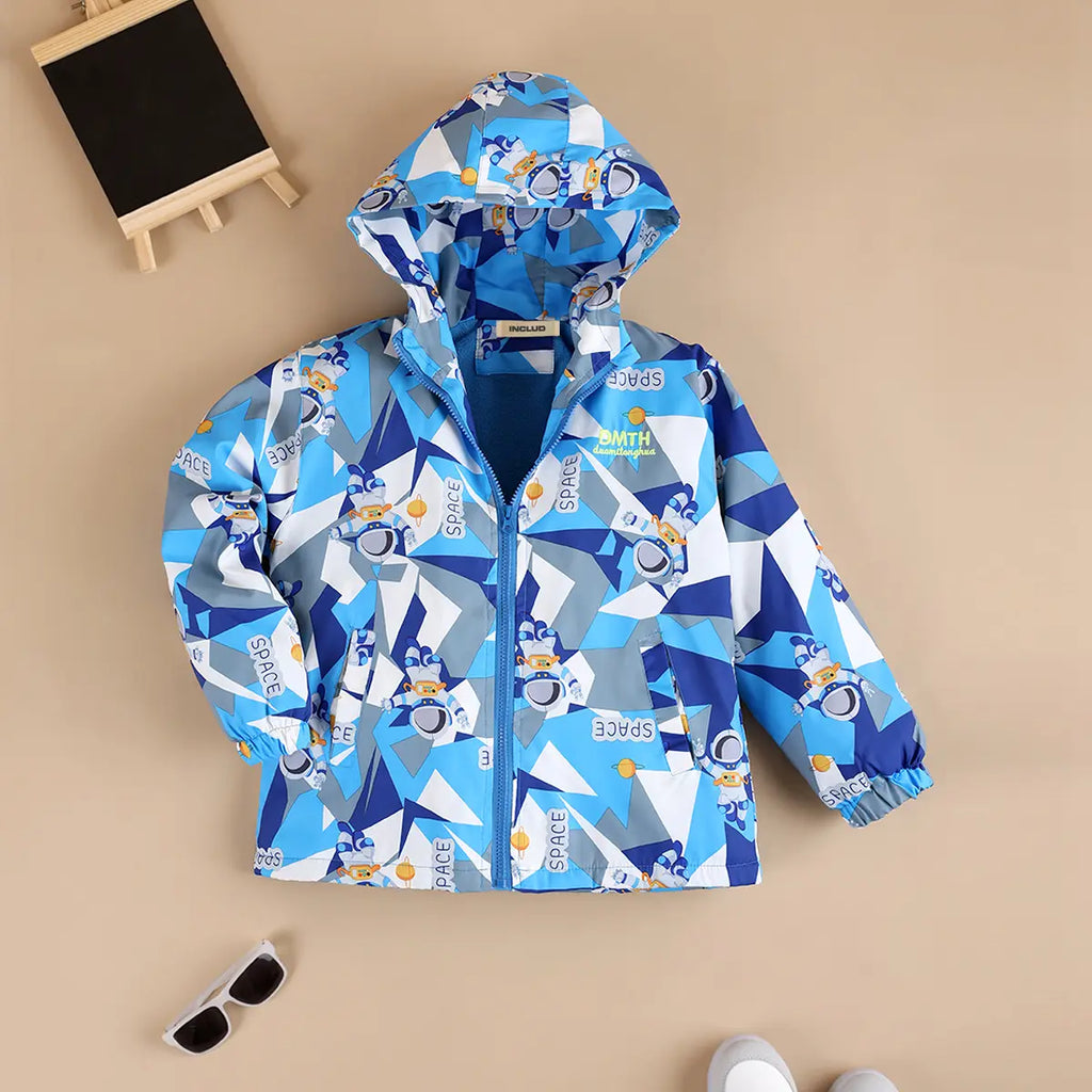Boys Blue Astronaut Printed Hooded Zipper Jacket Coats & Jackets Blue 3-4 Y