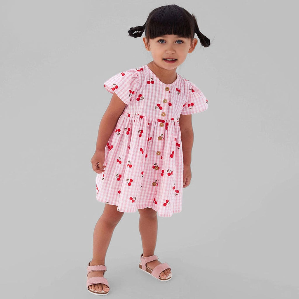 Girls Short Sleeves Cherry Print Fit & Flare Dress Casual Dresses Pink 1-2 Y 