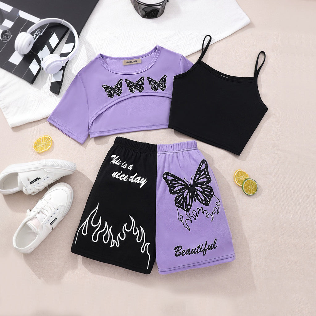 Girls Purple Butterfly Printed Crop Top With Camisole Top And Shorts Set 3 pc. Sets Purple 12-13 Y