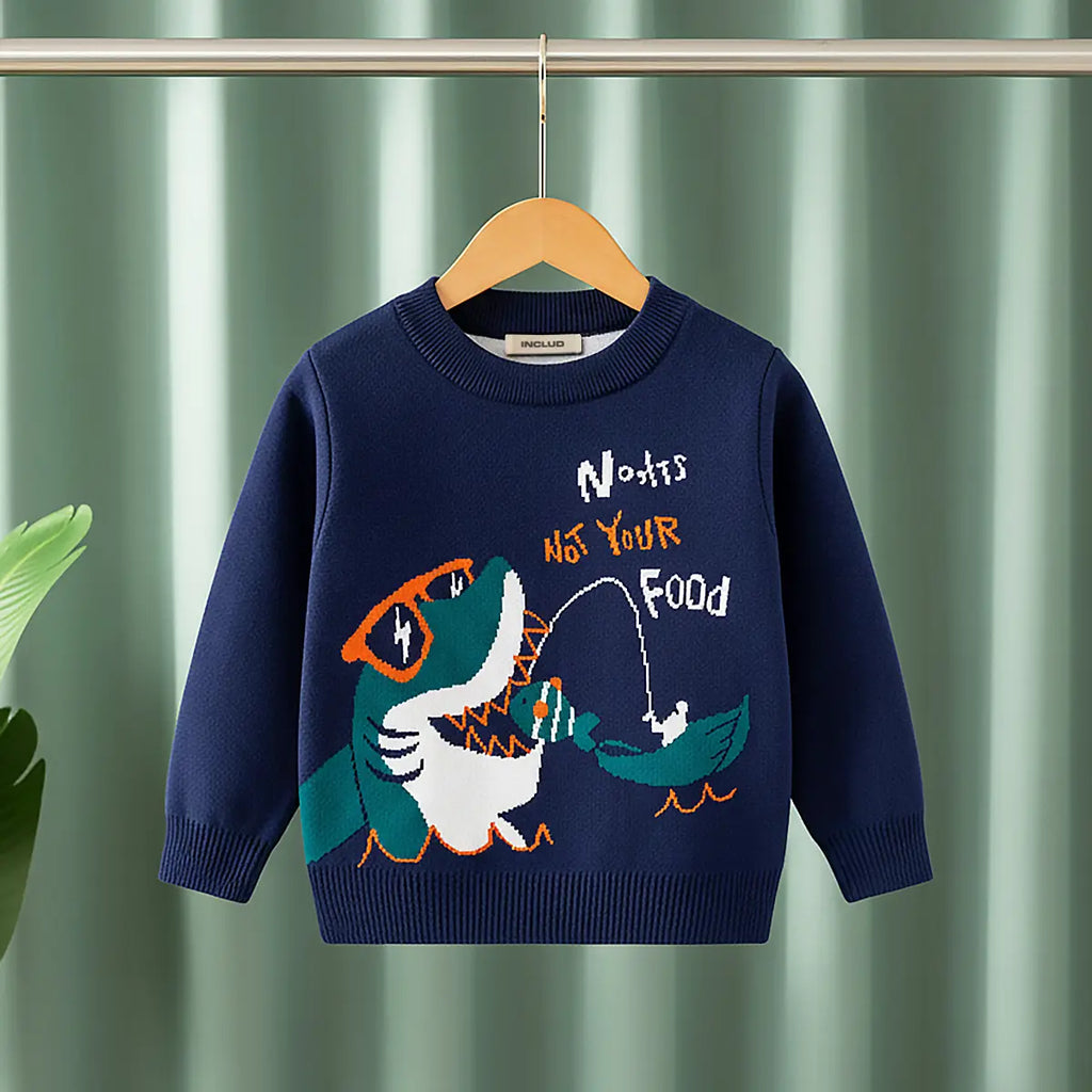 Boys Dark Blue Self-Design Shark Cartoon Pattern Knitted Sweater Sweaters & Cardigans Dark Blue 1-2 Y