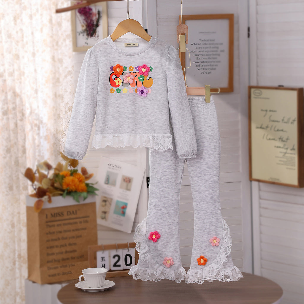 Girls Grey Floral Embroidered T-Shirt With Pants Sets 2 pc. Sets Grey 3-4 Y