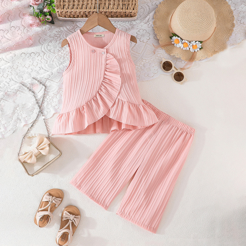 Girls Pink Stripe Textured Sleeveless Top With Pants Set 2 pc. Sets Pink 3-4 Y