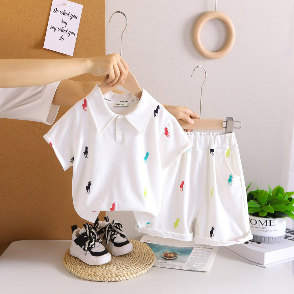 Boys White Horse Printed Polo T-Shirt With Shorts Set 2 pc. Sets White 1-2 Y