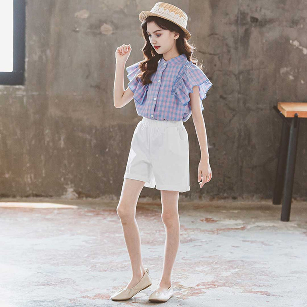 Girls Flared Sleeve Plaid Top With Shorts Set 2 pc. Sets   