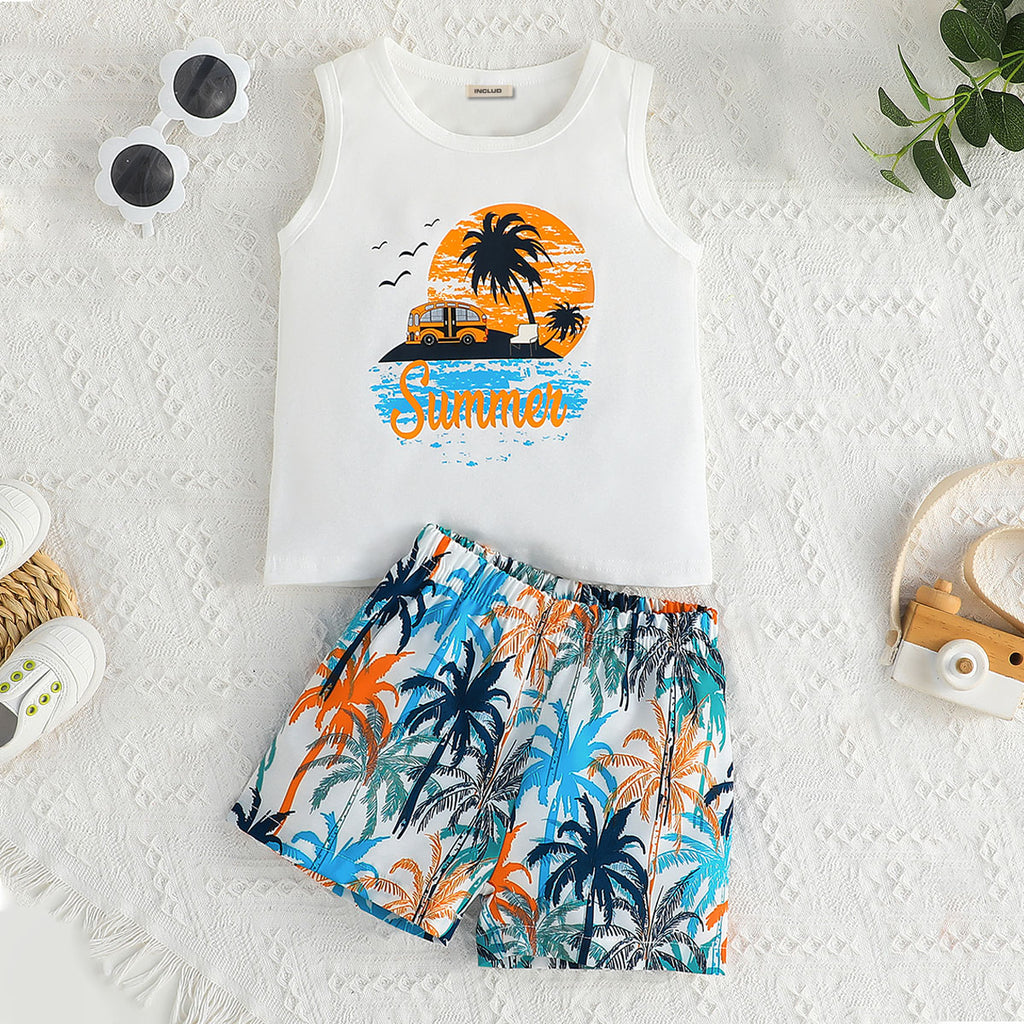 Boys White Tropical Printed Sleeveless T-Shirt With Printed Shorts Set 2 pc. Sets