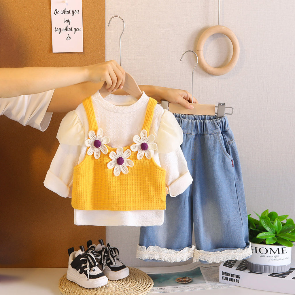 IGirls Puffed Sleeves Top with Yellow Floral Textured Crop Top & Jeans Set Sets Yellow 1-2 Y