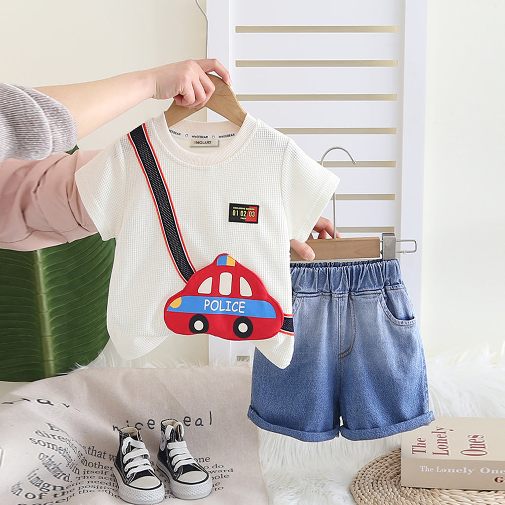 Boys Off White Police Car Applique T-Shirt With Denim Shorts set 2 pc. Sets Off White 1-2 Y