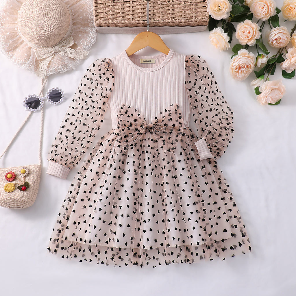 Girls Brown Heart Print Fit & Flare Dress Casual Dresses Brown 3-4 Y