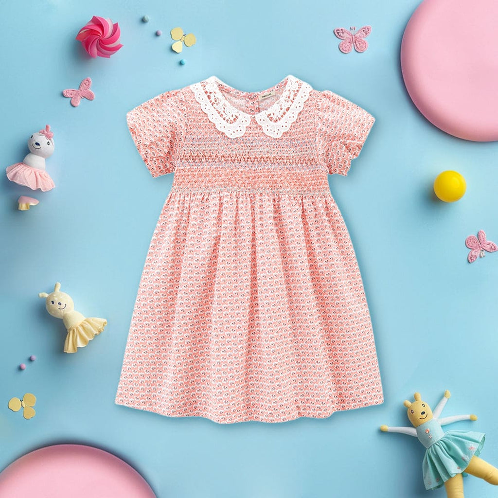 Girls Peter Pan Lace Collar Printed Dress Casual Dresses Peach 1-2 Y 