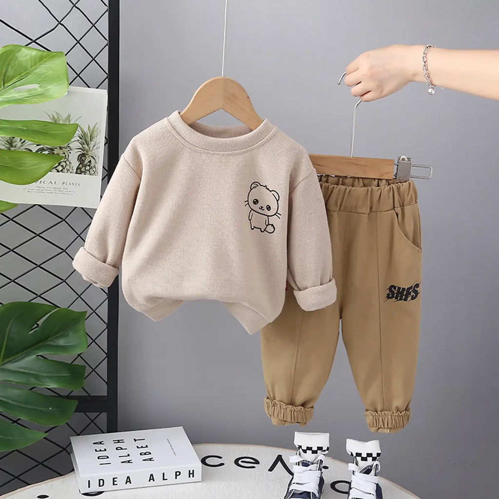 Boys Beige Cat Cartoon Printed Sweatshirt With Jogger Sets Sets Beige 1-2 Y