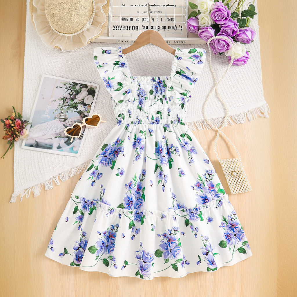 Girls White Floral Printed Sleeveless Smocked Fit And Flared Casual Dress Casual Dresses White 3-4 Y