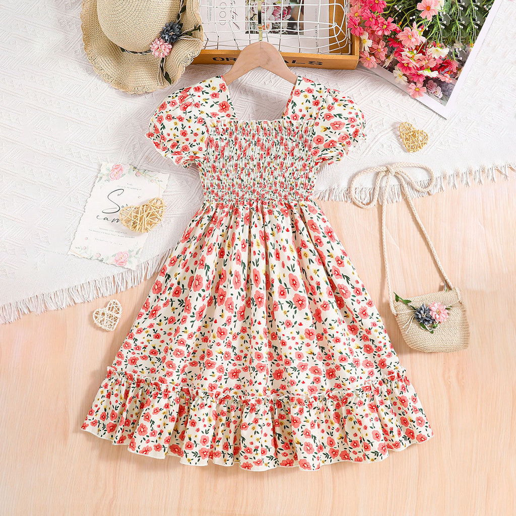 Girls Off White Floral Print Smocked Casual Midi Dress Casual Dresses Off White 3-4 Y