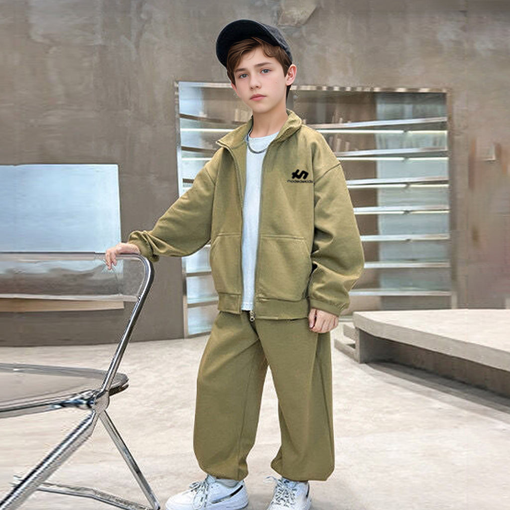 Boys Khaki Long Sleeve Front Open Sweatshirt With Pants Sets 2 pc. Sets Khaki 5-6 Y