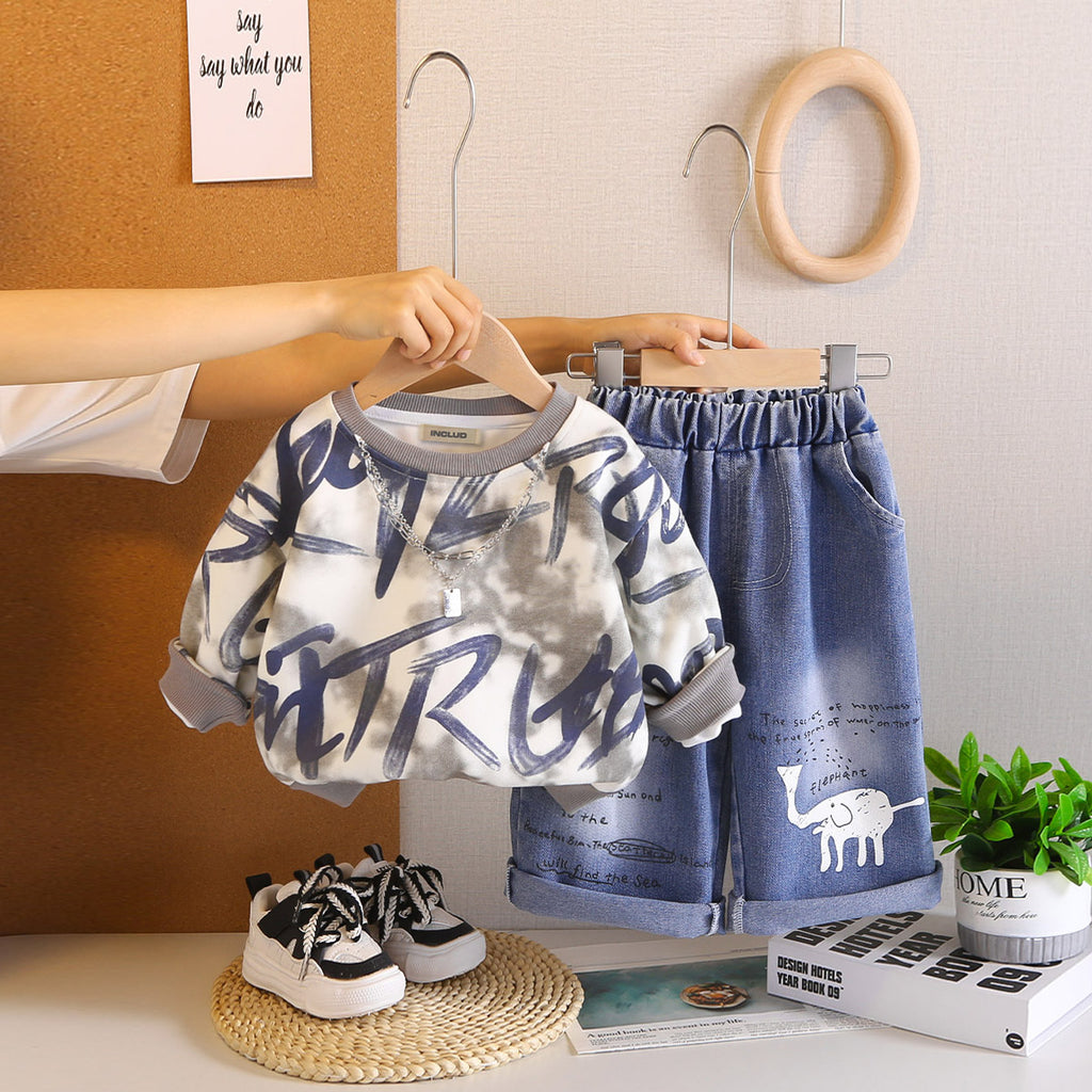 Boys Blue Abstract Printed Sweatshirt With Denim Pants Set 2 pc. Sets Blue 1-2 Y