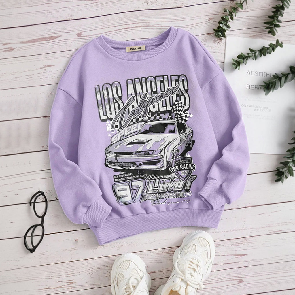 Girls Purple Car Printed Winter Sweatshirt Sweatshirts & Hoodies Purple 7-8 Y
