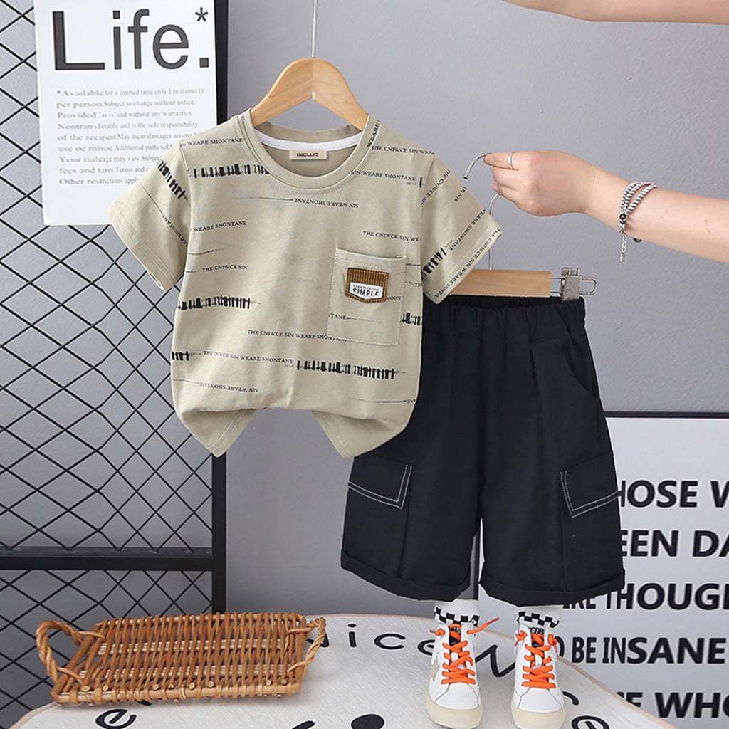 Boys Army Green Printed Short Sleeves T-Shirt With Cargo Shorts Set 2 pc. Sets Green 1-2 Y