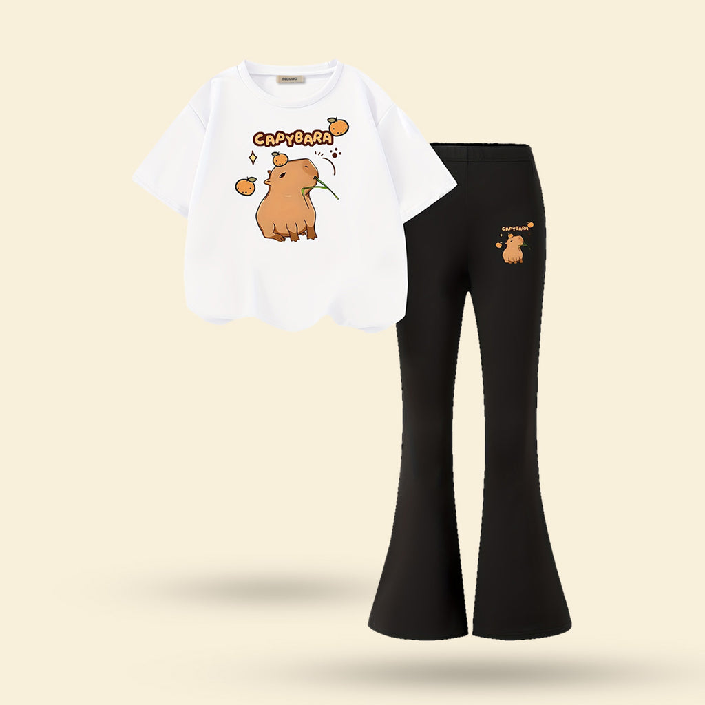 Girls White Cartoon Graphic Short Sleeve Top With Bell Bottom Pants Set 2 pc. Sets White 7-8 Y