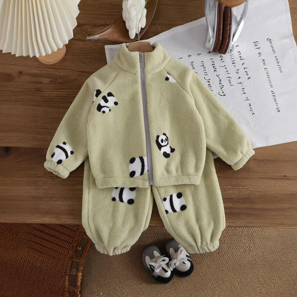 Boys Light Green Fleece Panda Cartoon Printed Zip-up Jacket With Jogger Co-ord Sets Sets Light Green 1-2 Y