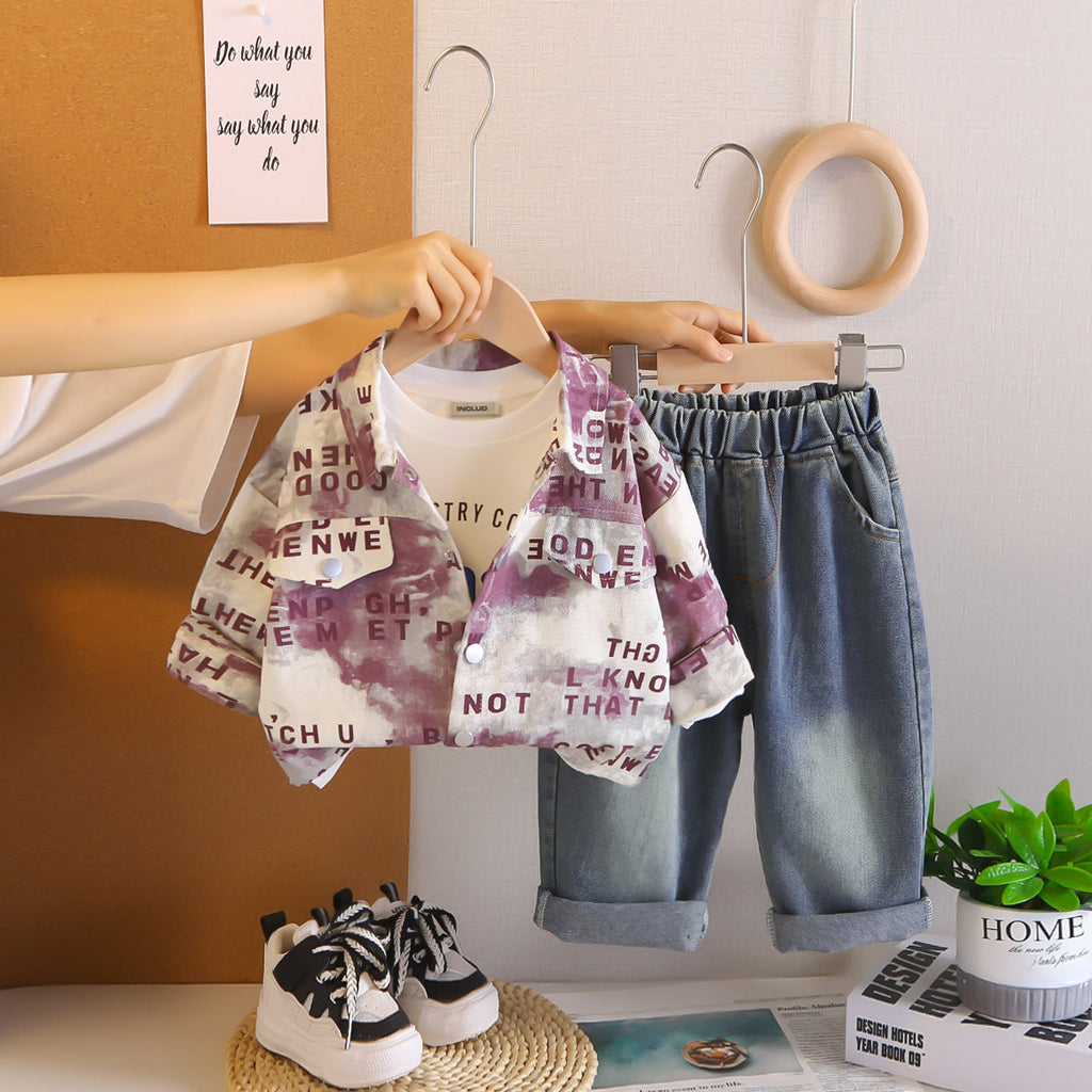 Boys Purple Typographic Printed Shirt With t-Shirt & Denim Pants Set Sets Purple 1-2 Y