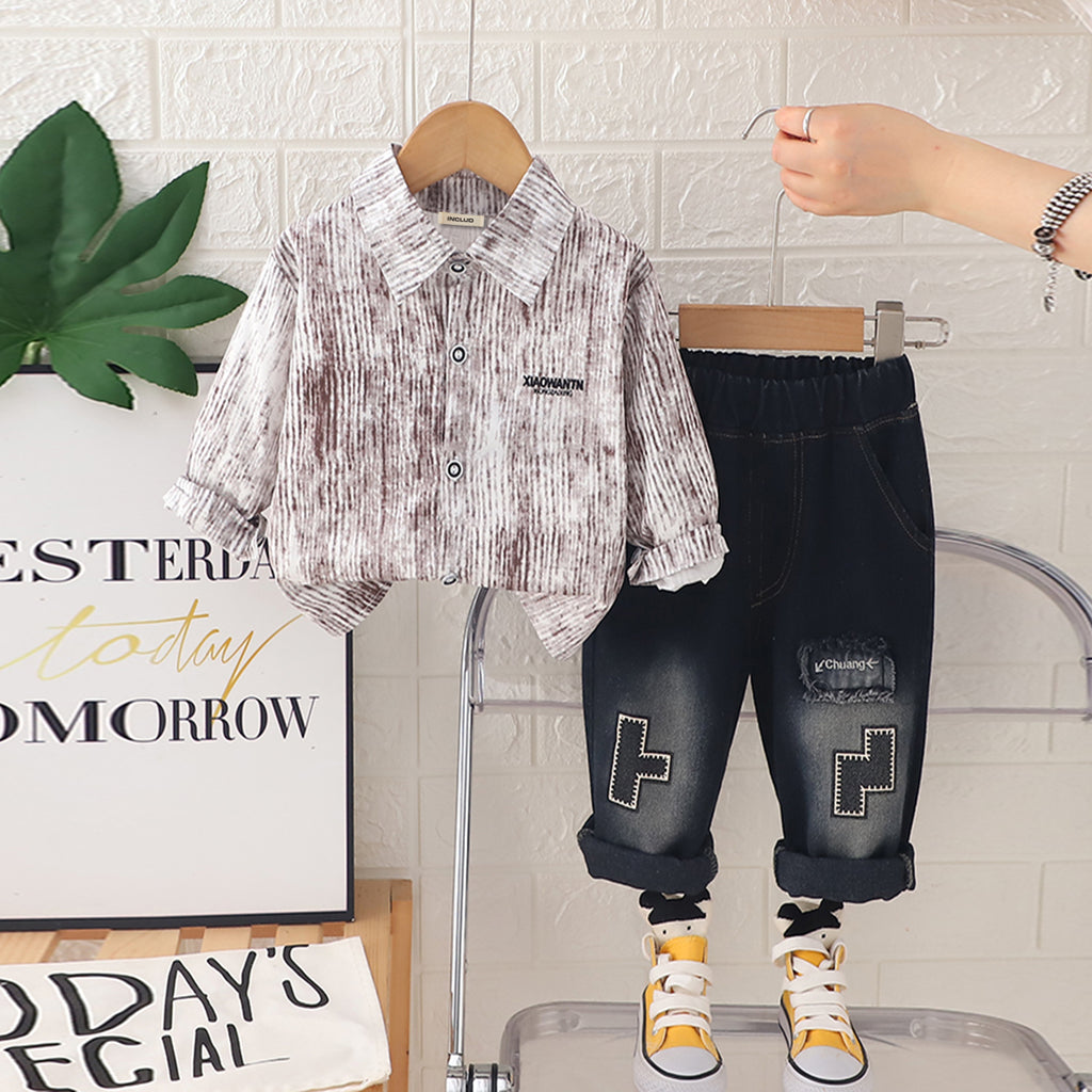 Boys Brown Abstract Printed Long Sleeves Shirt With Denim Pants Set 2 pc. Sets Brown 1-2 Y