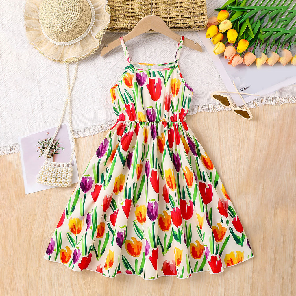 Girls Off White Tulip Printed Summer Midi Sundress Casual Dresses Off White 3-4 Y