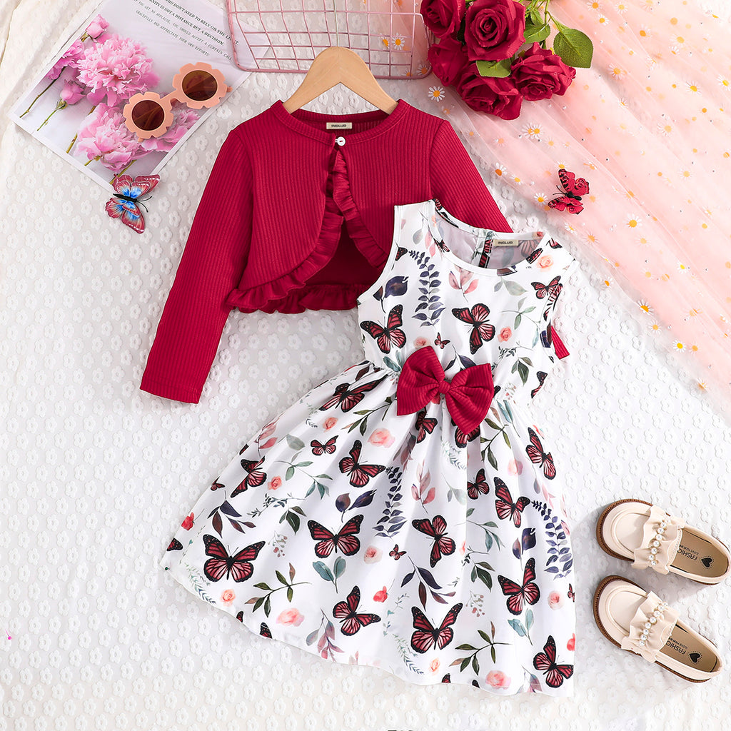 Girls Red Butterfly Printed Fit And Flared Dress With Shrug Casual Dresses